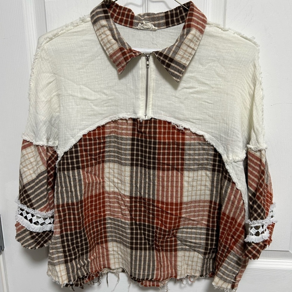 POL Cream and Brown Plaid Button Down Shirt
